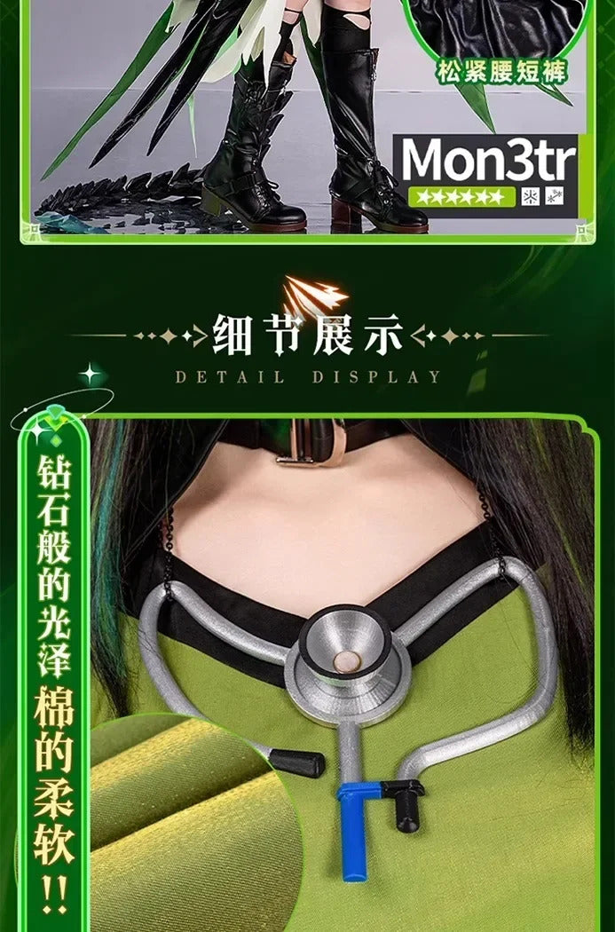 Arknights Mon3tr Cosplay Costume M3 Uniform Black Green Outfit Headwear Rhodes Island Halloween Party for Women Girls Props