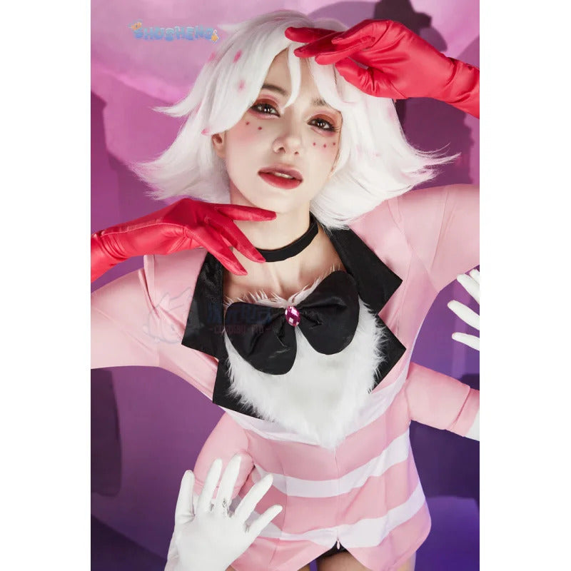 Angel Dust Cosplay Fantasy Wigs Cartoon Hell Inn Disguise Costume Gloves Bow Tie Pink Outfit Women Halloween Roleplay