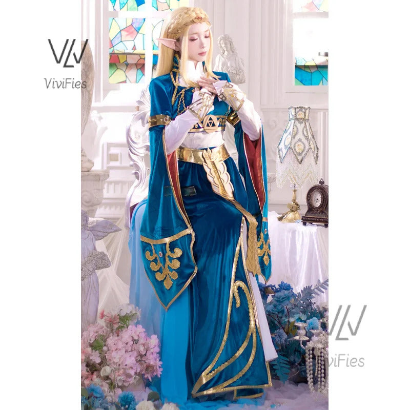 Blue velvet princess dress Zelda cosplay costume woman top skirt outfit full set and wig are sold custom size