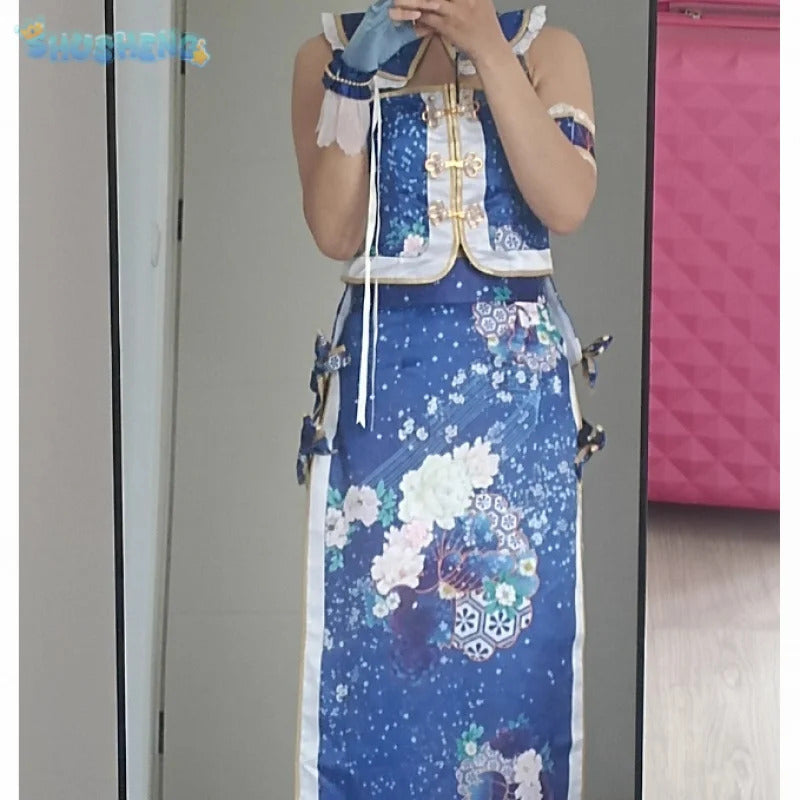 Anime Sonoda Umi LoveLive! Cosplay Costume Women Halloween Carnival New Chinese Blue Cheongsam Dress Party Prop Uniform Set