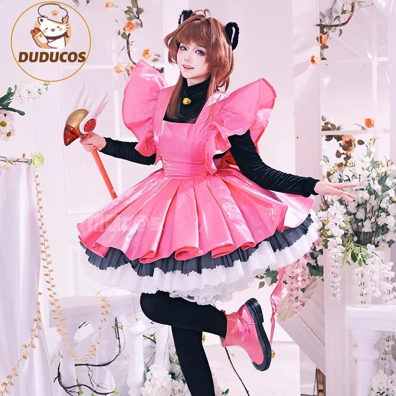Shusheng-R Kinomoto Sakura Cosplay Costume Anime Card Captor Sakura DUDU-R Women Halloween Cute Black Pink Dress THE THUNDER Ears Tail