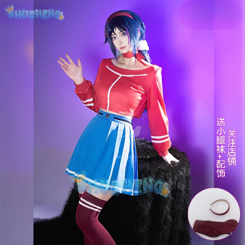 MiSide Crazy Mita Cosplay Costume Wig Dress Skirt Uniform Headwear Red Hairpins Hairband Halloween Party for Women Girls Props