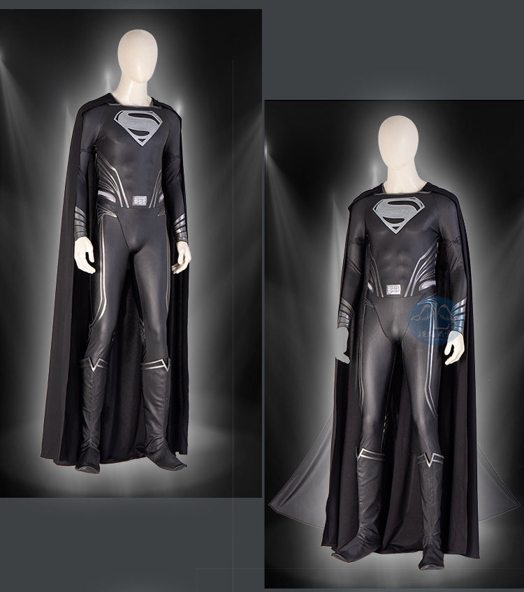 New Clark Kent Cosplay Costume Black Jumpsuit Cloak Super Hero Set Custom Made