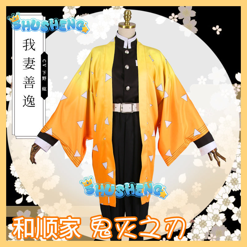 Agatsuma Zenitsu Cosplay Costume Anime Demon Slayer Kimono Party Uniform Kimetsu no Yaiba Devil Hunter Clothes For Child Adult