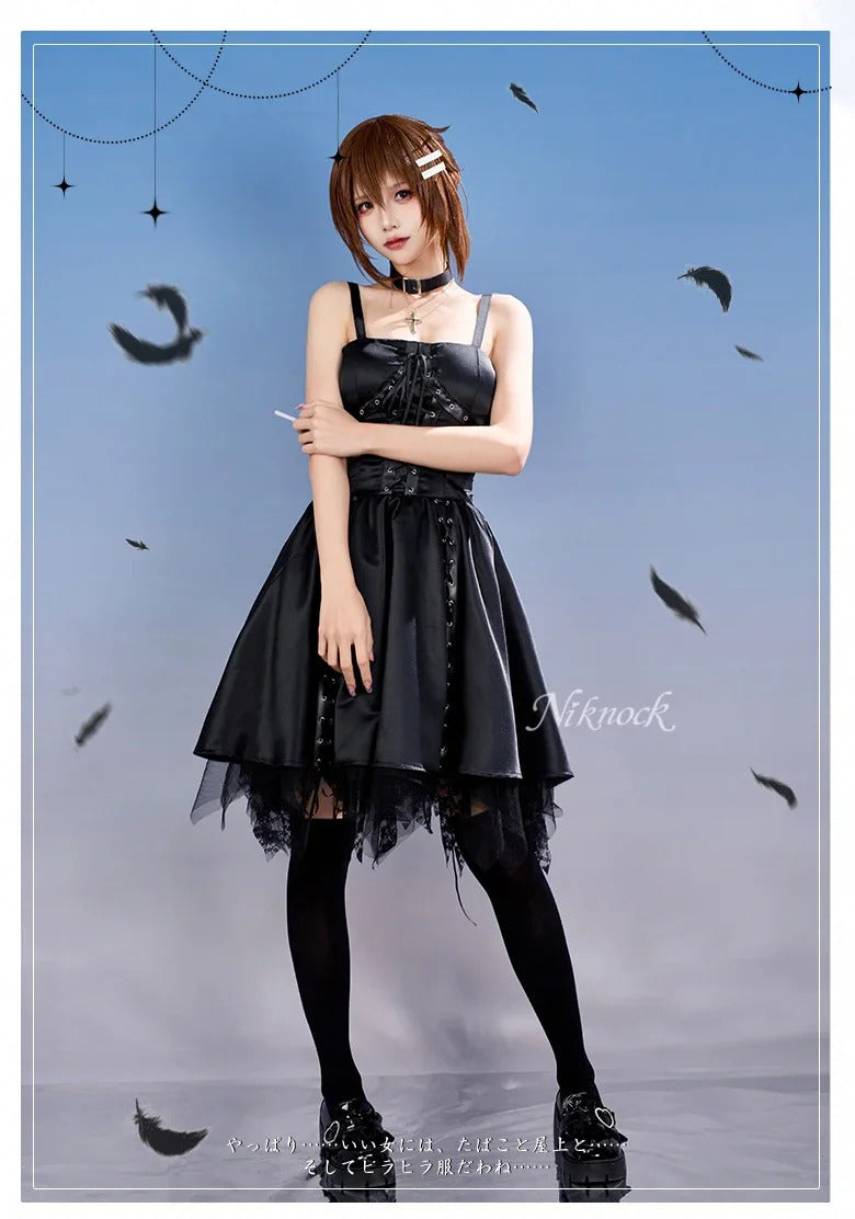 Wonderful Everyday Down the Rabbit-Hole Minakami Yuki cosplay costume Halloween sexy black dress socks necklace props uniform