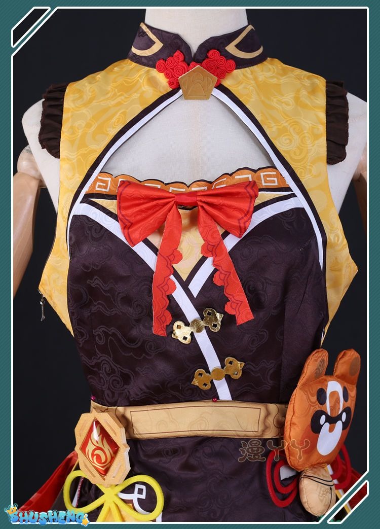 Xiangling Cosplay Game Genshin Impact Costume Wig for Cosplay Anime Halloween Head Chef Outfit Xiang Ling Full Set Include Dress