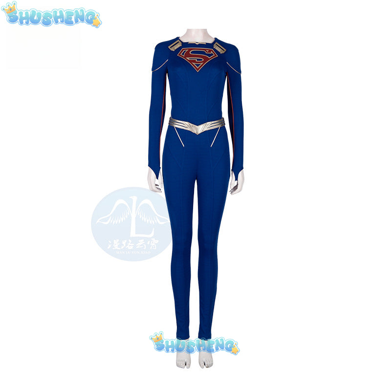 Superhero Cosplay Blue Bodysuit SuperWomen Zentai Costumes Womloak SuperGirl Cos Jumpsuit Rompers Aldult Outfits Role Play