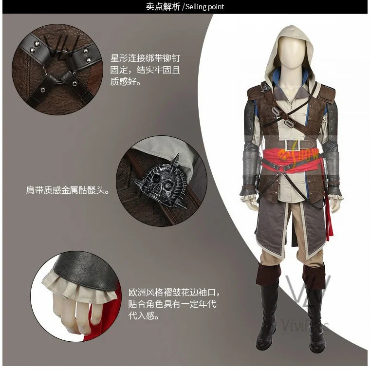 Uniform Outfits Complete Customization Suit Halloween PartyAssassins Cosplay Edward Costume Creed Black Flag Kenway Male