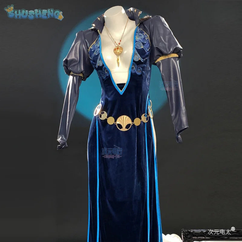 Baldur's Gate 3 Mizora Cambion Cospaly Costume Deep blue sexy woman long dress necklace waist chain socks headwear Halloween set