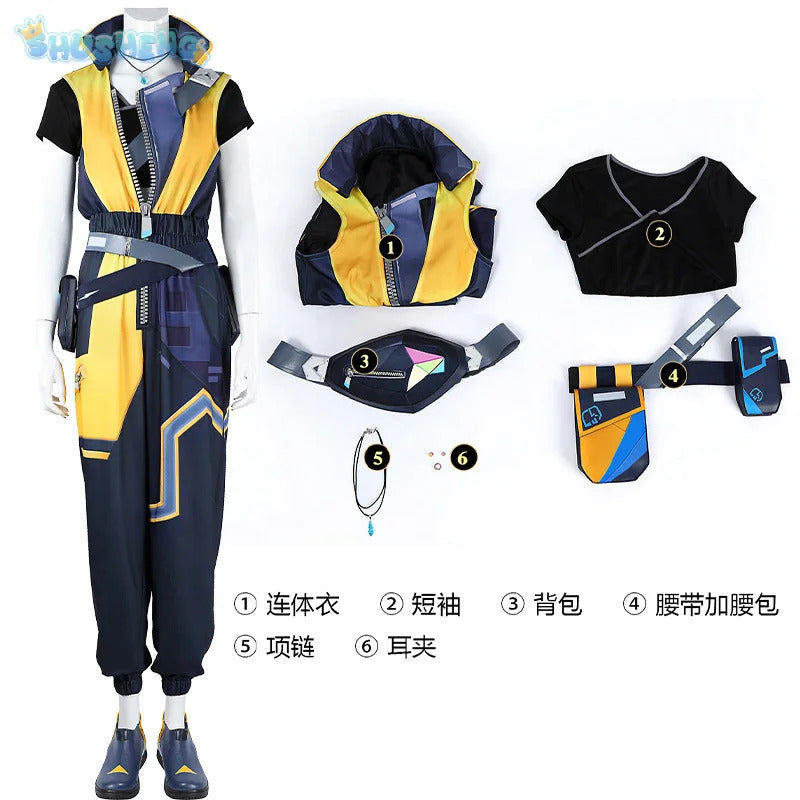 Game Waylay VALORANT Cosplay Costume Jumpsuit backpack waist bag necklace ear clip set Halloween casual for men women uniform