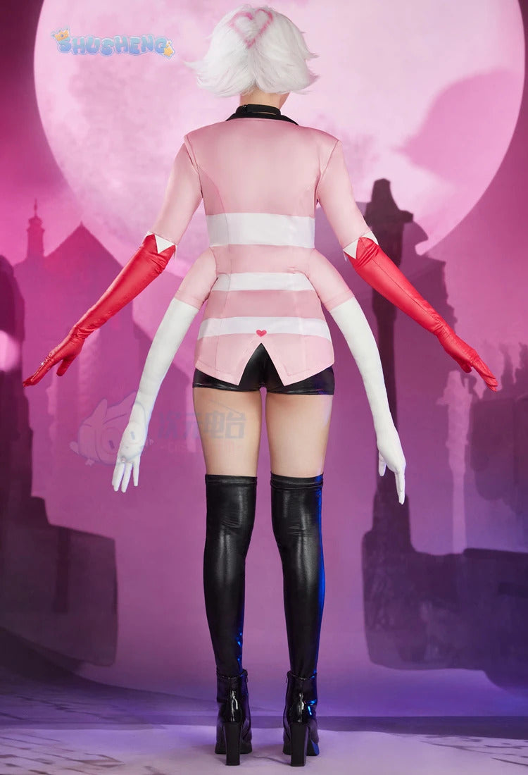 Angel Dust Cosplay Fantasy Wigs Cartoon Hell Inn Disguise Costume Gloves Bow Tie Pink Outfit Women Halloween Roleplay