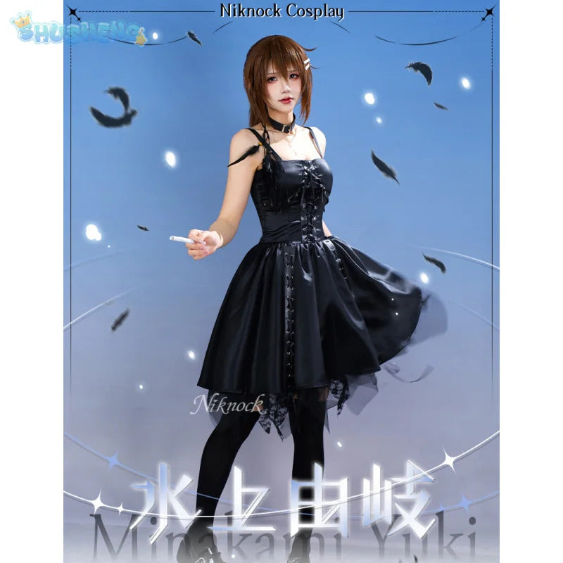 Wonderful Everyday Down the Rabbit-Hole Minakami Yuki cosplay costume Halloween sexy black dress socks necklace props uniform