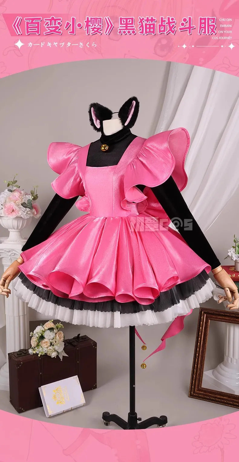 Shusheng-R Kinomoto Sakura Cosplay Costume Anime Card Captor Sakura DUDU-R Women Halloween Cute Black Pink Dress THE THUNDER Ears Tail