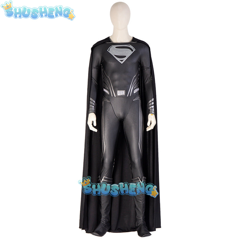 New Clark Kent Cosplay Costume Black Jumpsuit Cloak Super Hero Set Custom Made