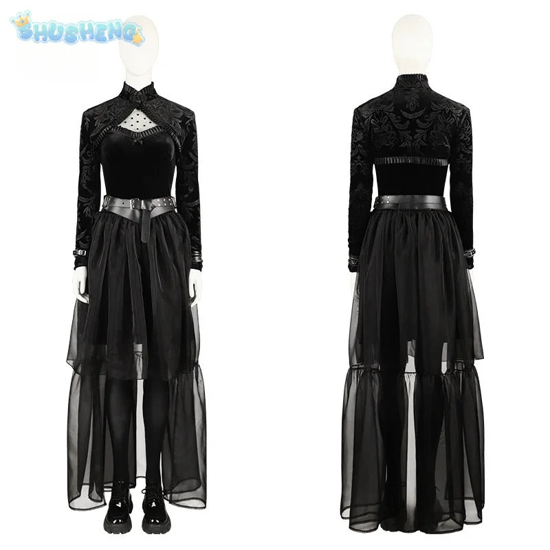 Lisa Cosplay Frankenstein Neighbor Woman Costume Halloween Carnival Gothic Sexy Women's Black Dress Coat Accessory uniform Set