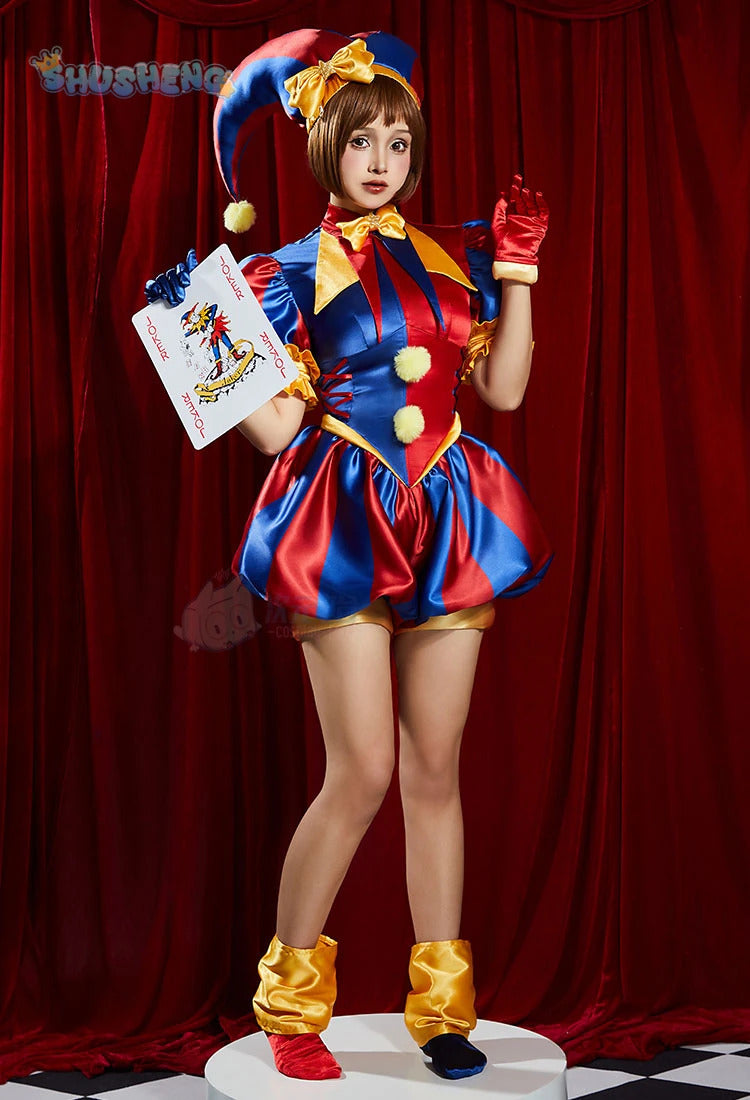 Adult Digital Circus Cosplay Costumes Pomni Cosplay Masks Set Hat Jumpsuit Cartoon Christmas Halloween Party Cute Clown wig set