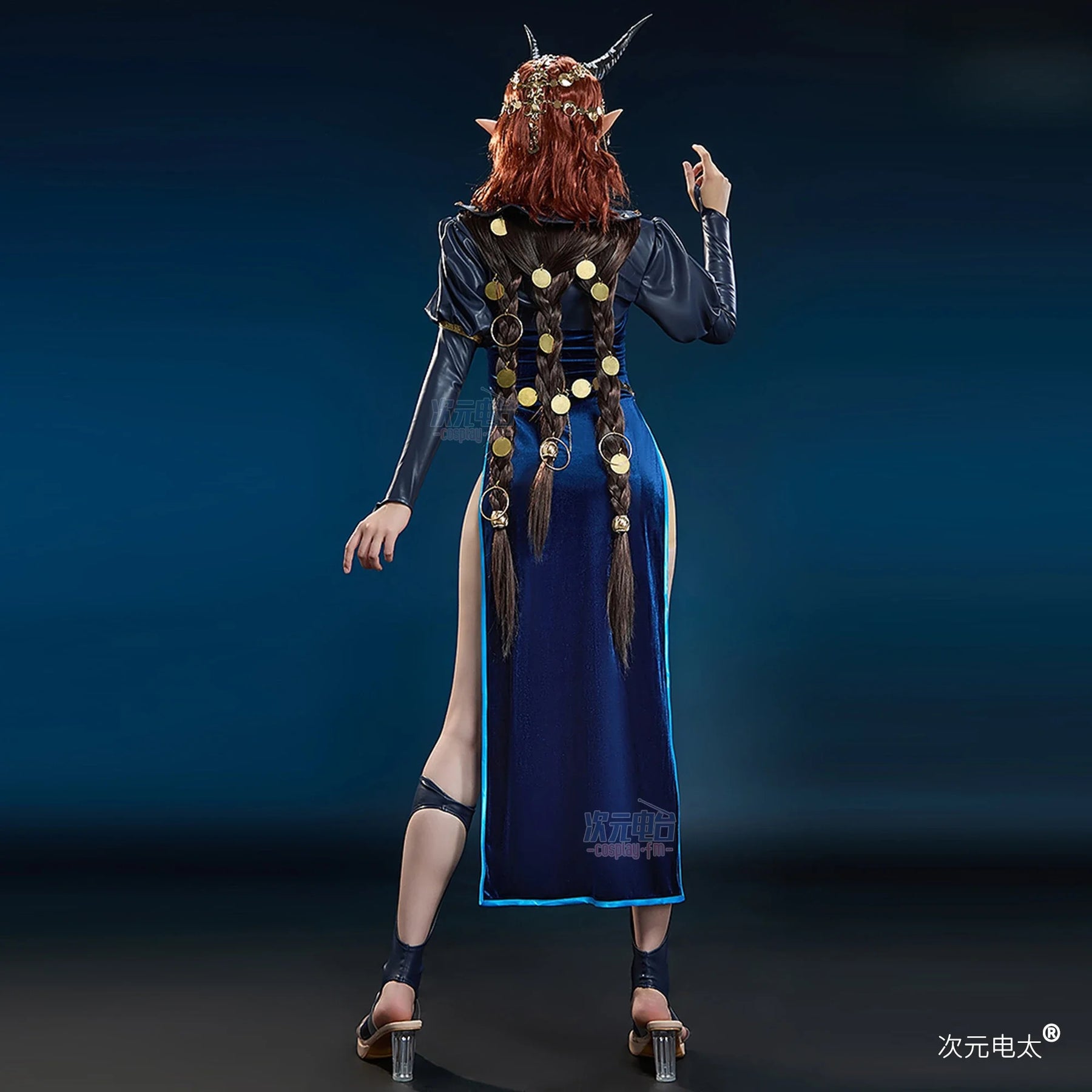 Baldur's Gate 3 Mizora Cambion Cospaly Costume Deep blue sexy woman long dress necklace waist chain socks headwear Halloween set