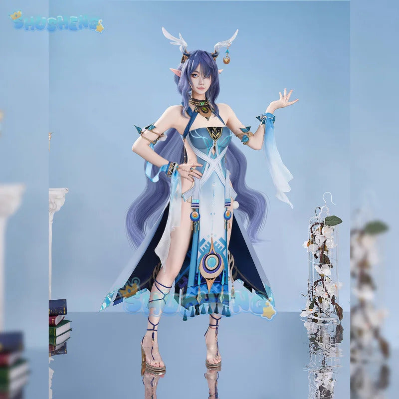 Genshin Impact Lauma Cosplay Costume Dress Uniform Headwear Earrings Frostmoon Scions Halloween Party for Women Girls