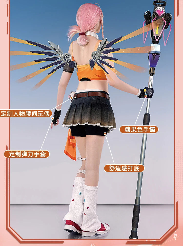 Overwatch Mercy Angela Ziegler Cosplay Linkage girl grou Costume Halloween Party Sweet Women Uniform Wig Props Accessories Set