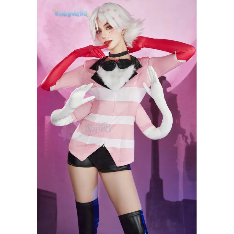 Angel Dust Cosplay Fantasy Wigs Cartoon Hell Inn Disguise Costume Gloves Bow Tie Pink Outfit Women Halloween Roleplay