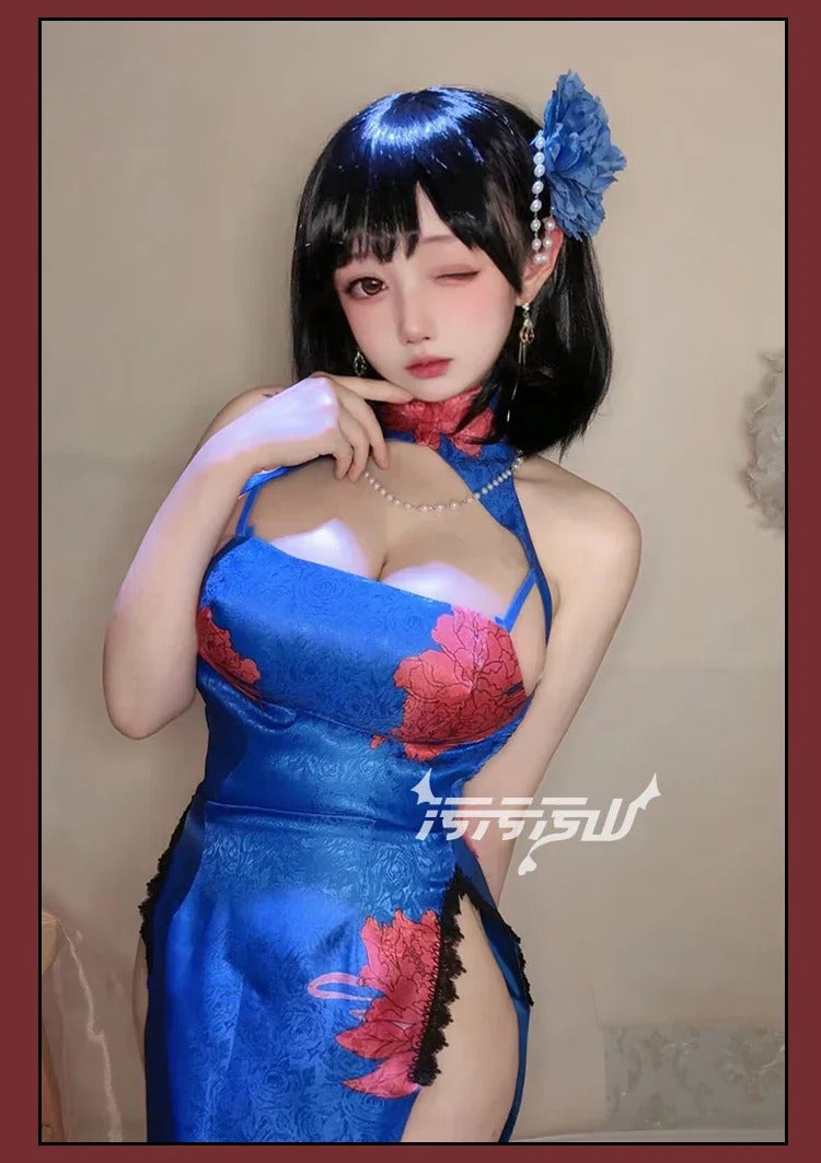 Azur Lane Chien Wu cosplay costume Halloween carnival blue Chinese style qipao Woman sexy dress uniform suit wig set