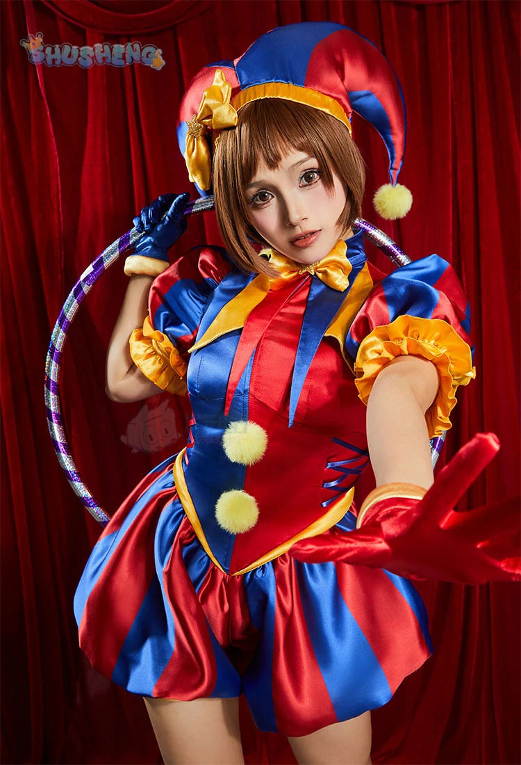 Adult Digital Circus Cosplay Costumes Pomni Cosplay Masks Set Hat Jumpsuit Cartoon Christmas Halloween Party Cute Clown wig set