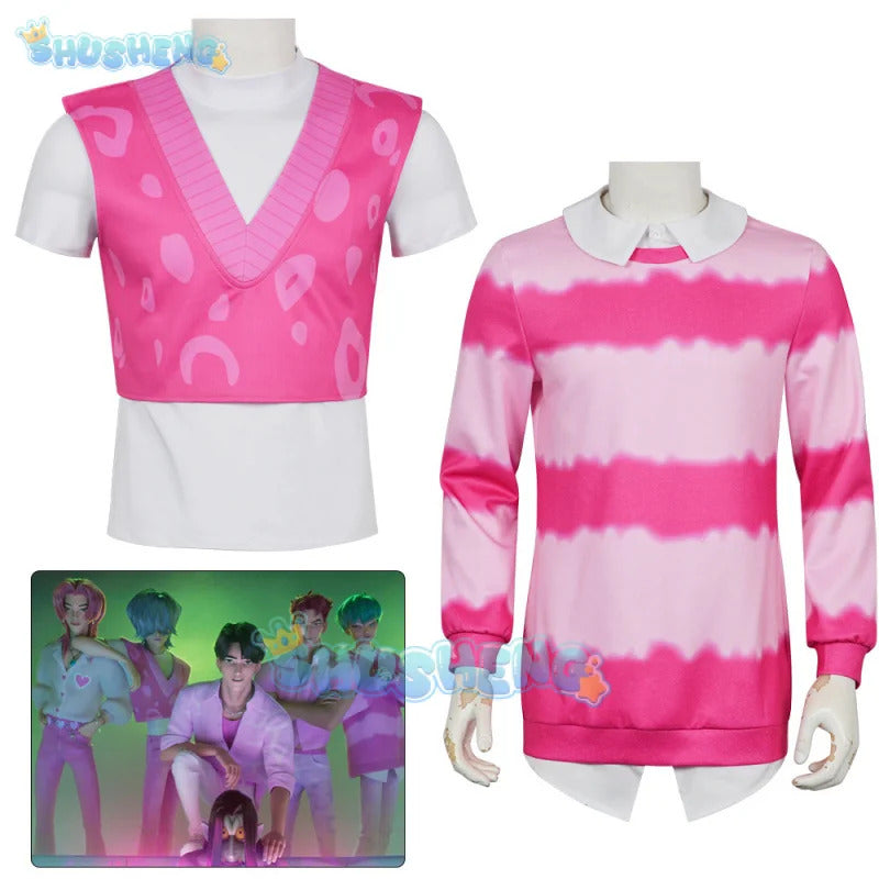 Anime KPop Demon Hunters Saja Boys Baby Saja Cosplay Costume Pink Striped Long Sleeves Uniform Halloween Party for Women Men