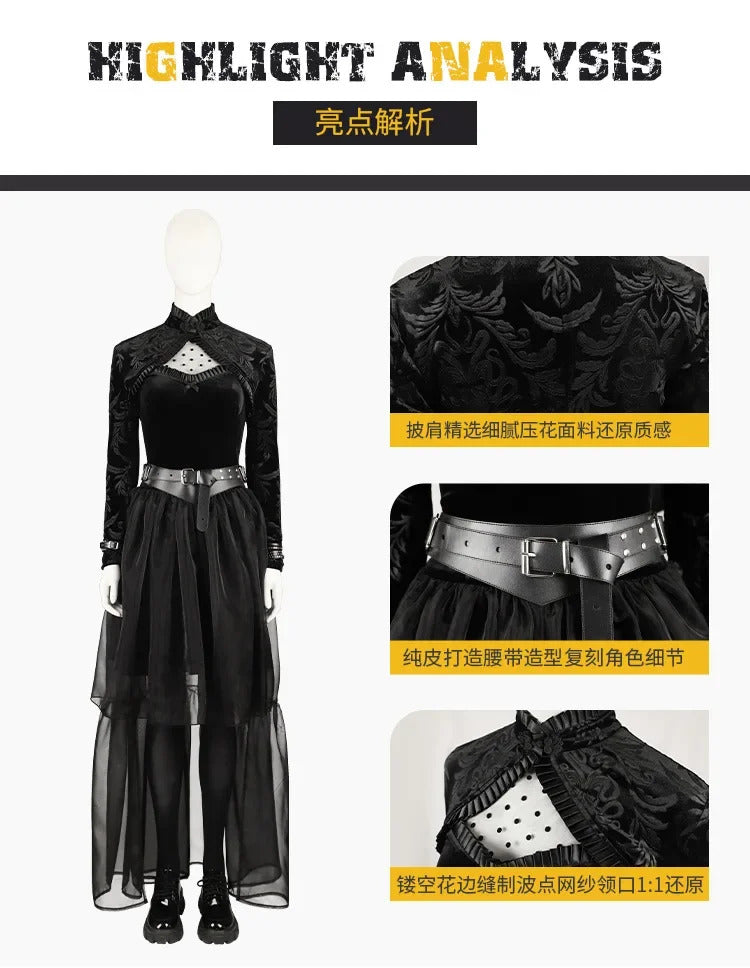 Lisa Cosplay Frankenstein Neighbor Woman Costume Halloween Carnival Gothic Sexy Women's Black Dress Coat Accessory uniform Set