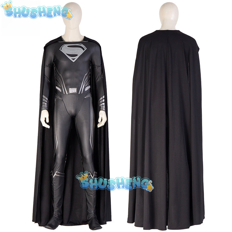 New Clark Kent Cosplay Costume Black Jumpsuit Cloak Super Hero Set Custom Made
