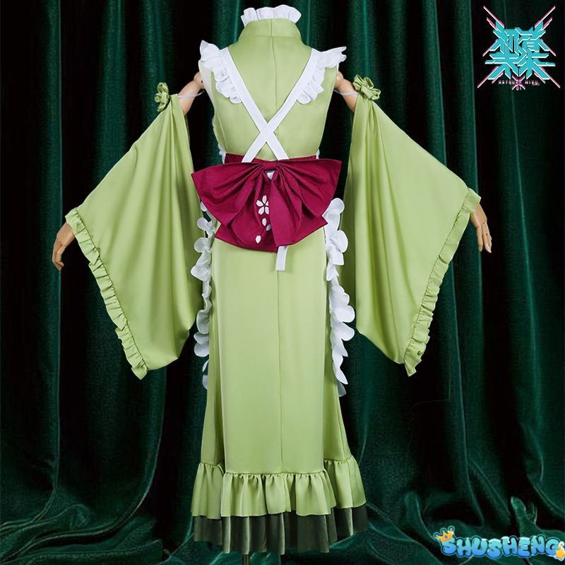 New Mikuu Matcha Sakura Green Cosplay Costume Parfait Apron Long and Wide Sleeved Dress Girl Kimono Wig Women Birthday Party Gift