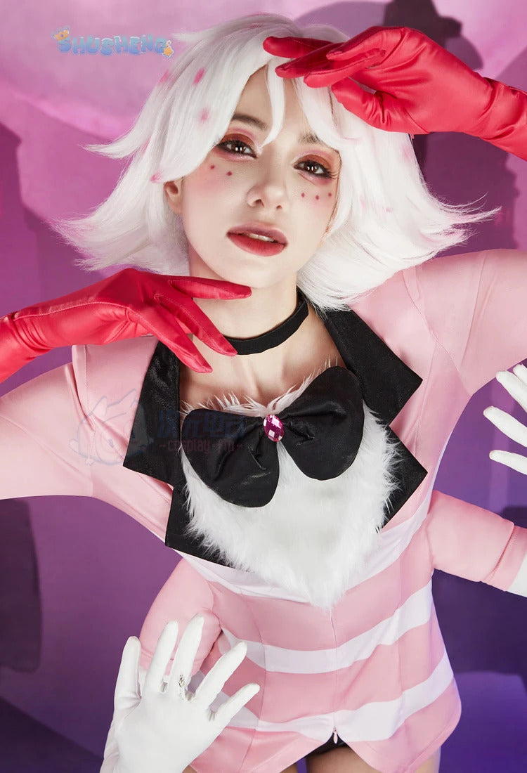 Angel Dust Cosplay Fantasy Wigs Cartoon Hell Inn Disguise Costume Gloves Bow Tie Pink Outfit Women Halloween Roleplay