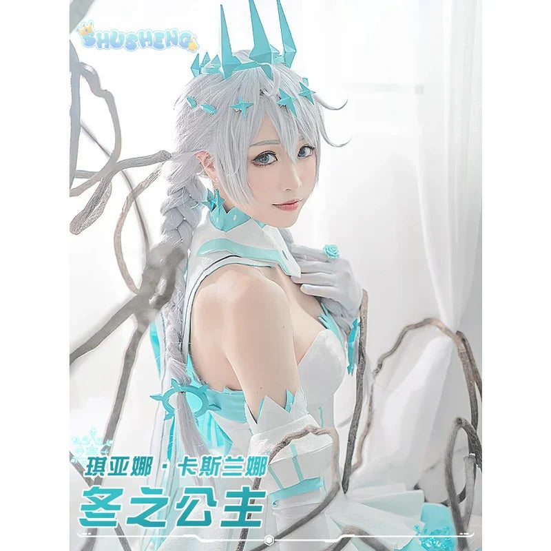 Honkai impact 3rd Kiana kaslana winter Princess cosplay costume cloak and Crown props full set uniform Carnival Halloween set
