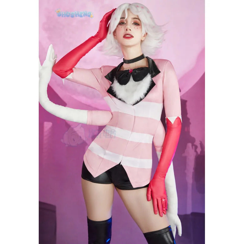 Angel Dust Cosplay Fantasy Wigs Cartoon Hell Inn Disguise Costume Gloves Bow Tie Pink Outfit Women Halloween Roleplay