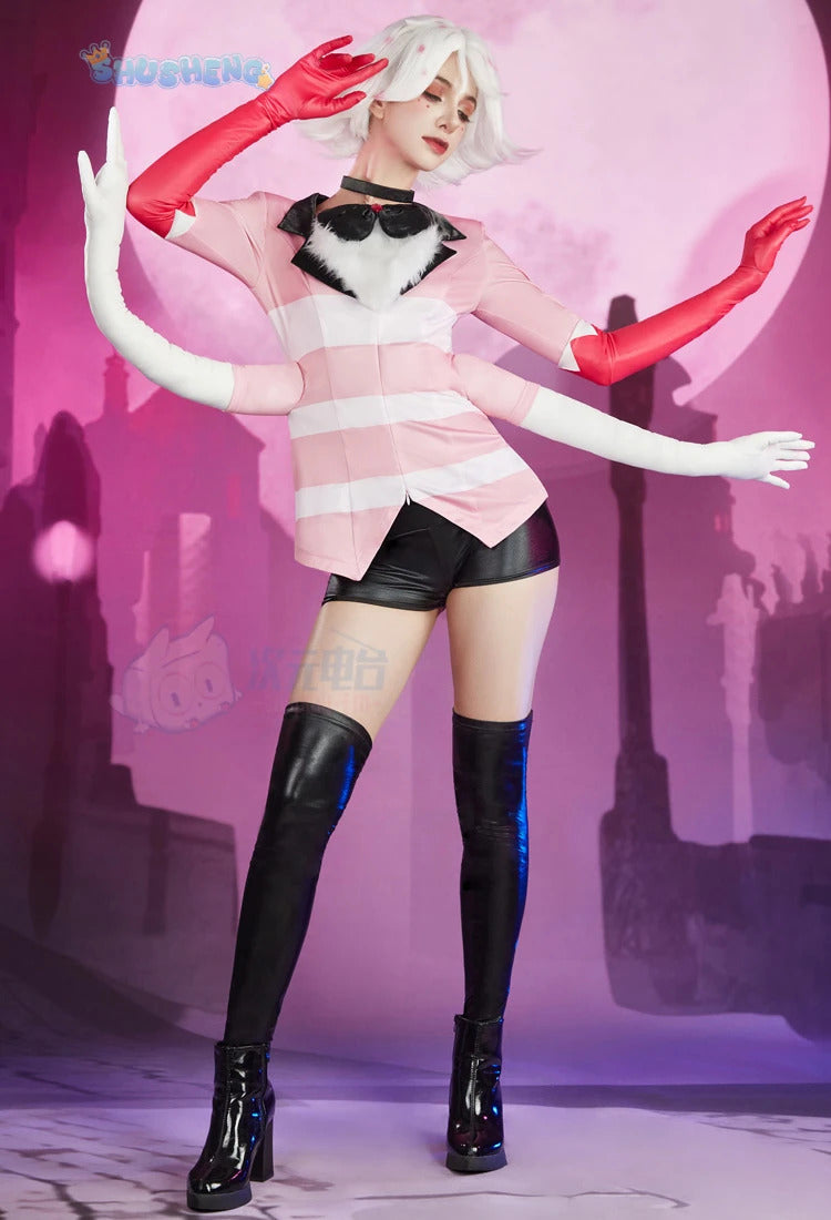 Angel Dust Cosplay Fantasy Wigs Cartoon Hell Inn Disguise Costume Gloves Bow Tie Pink Outfit Women Halloween Roleplay