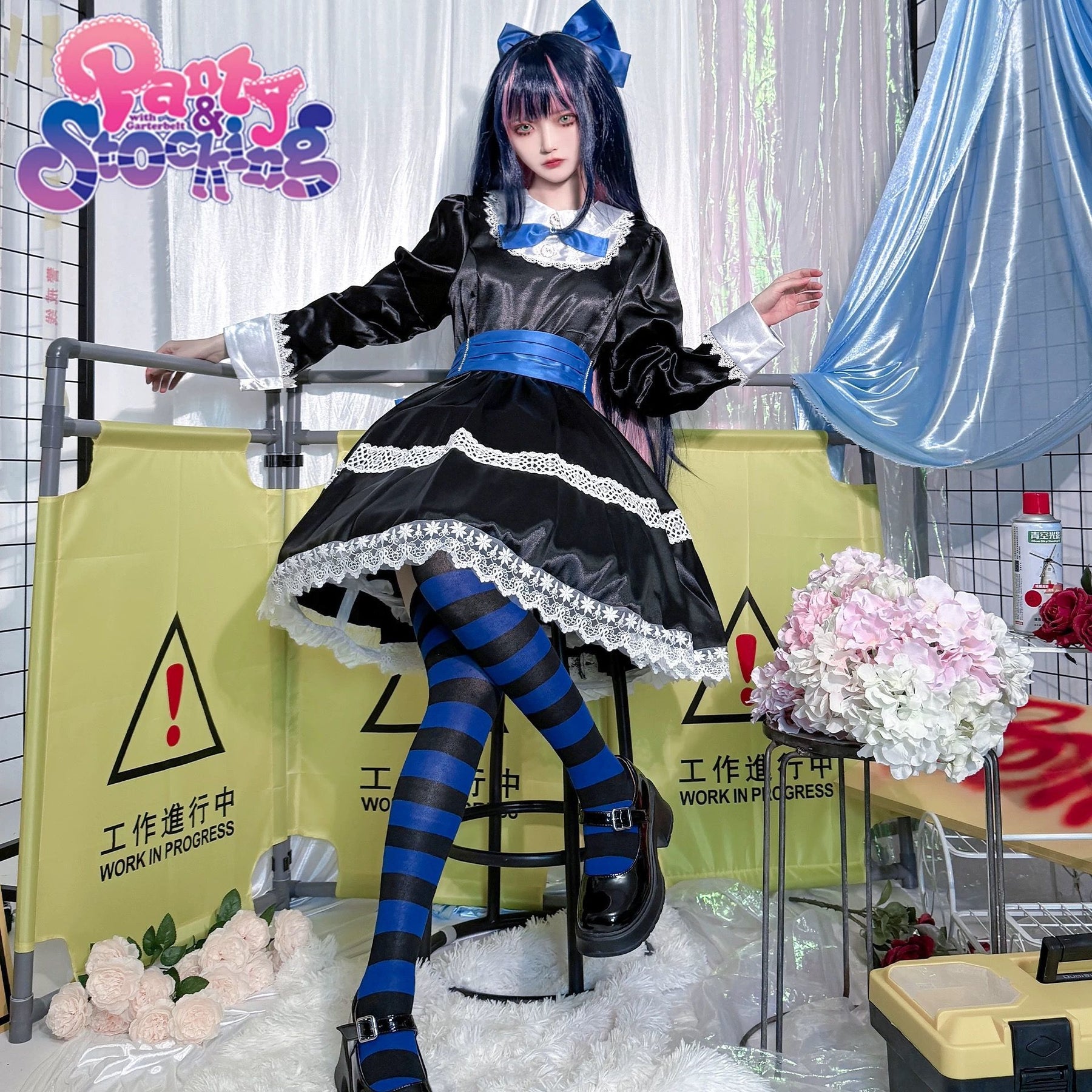 Stocking Anarchy Cosplay Panty & Stocking Black Dress Uniform Long Blue Halloween Party Outfits for Women