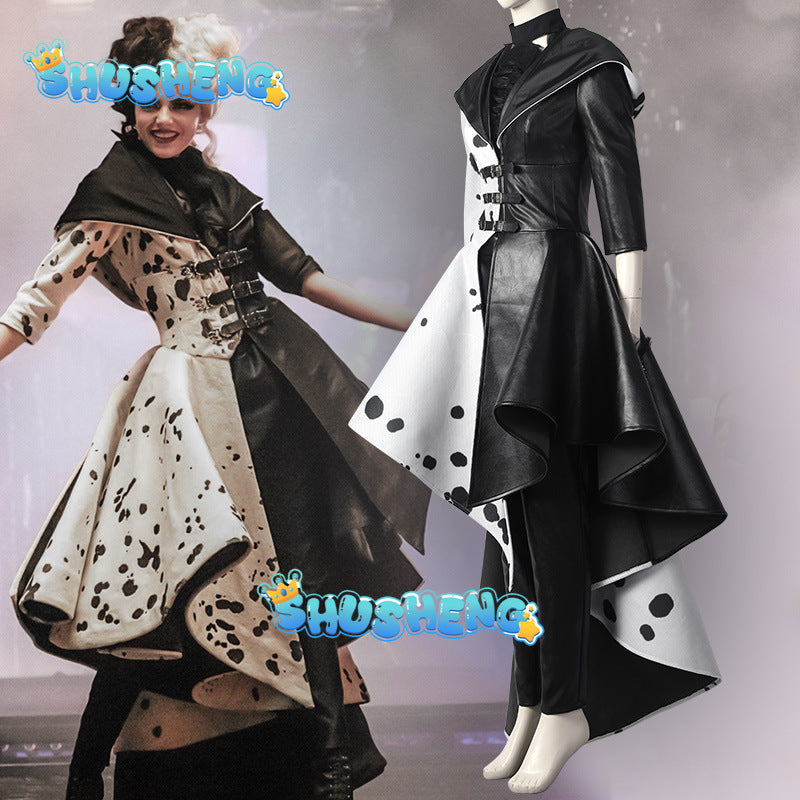 Cruella Costume Cosplay Cruella de Vil Evil Queen Black White Coat Evening Party Dress Fashion Emma Magic Performance Oufit