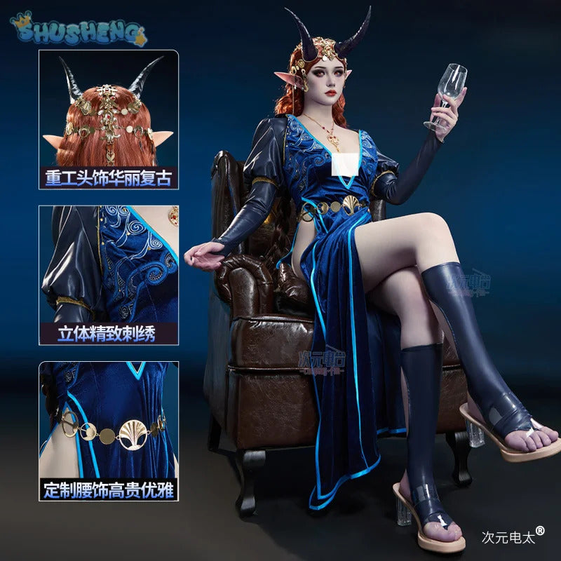 Baldur's Gate 3 Mizora Cambion Cospaly Costume Deep blue sexy woman long dress necklace waist chain socks headwear Halloween set