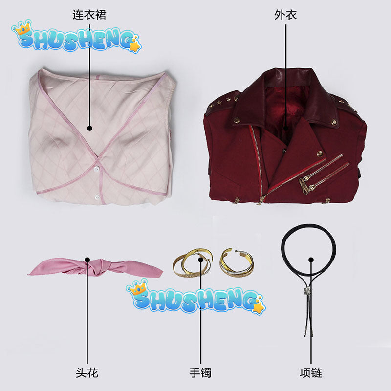 Final Fantasy VII Aerith Gainsborough Costume Cosplay Final Fantasy Remake Halloween Outfit Fancy Women Red Jacket Pink Dress