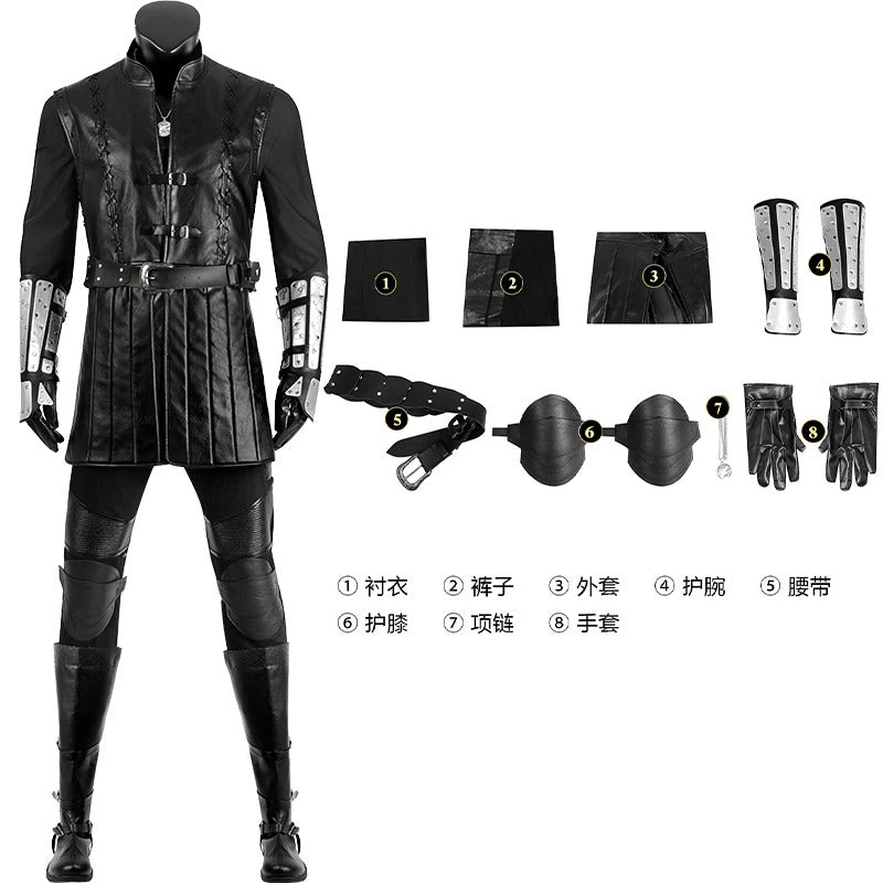 Geralt Witcher 3 Wild Hunt Cosplay Geralt Costume Men Handsome Black Leather Coat Belt Gloves Party Halloween Uniform Full Set