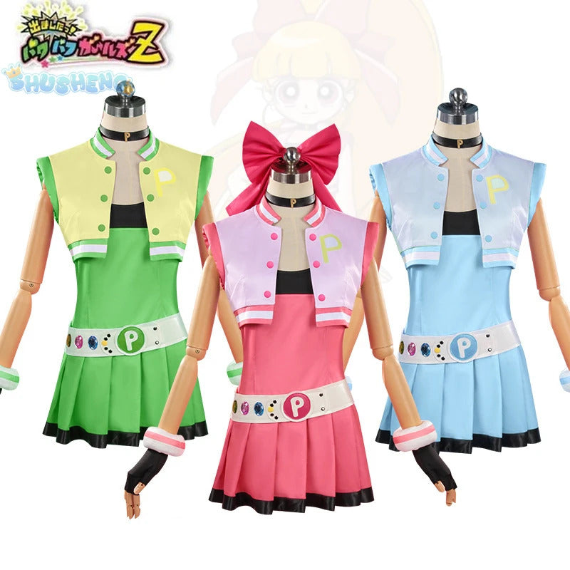 Powerpuff cos Girls Blossom Bubbles Buttercup Cosplay clothing Sweet Loli Hair accessories gloves props Halloween Uniform S-XXXL