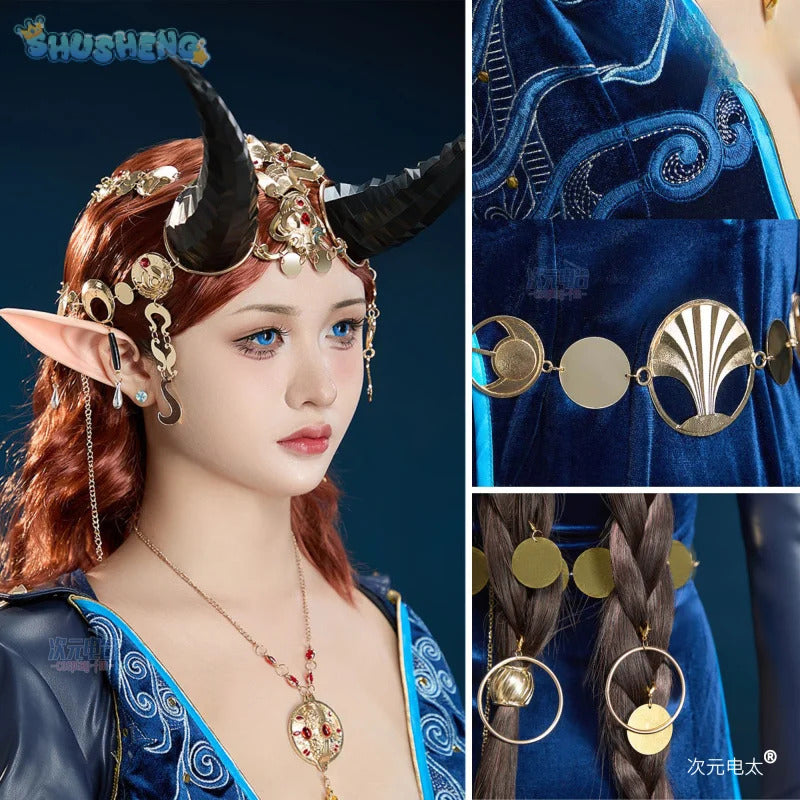 Baldur's Gate 3 Mizora Cambion Cospaly Costume Deep blue sexy woman long dress necklace waist chain socks headwear Halloween set