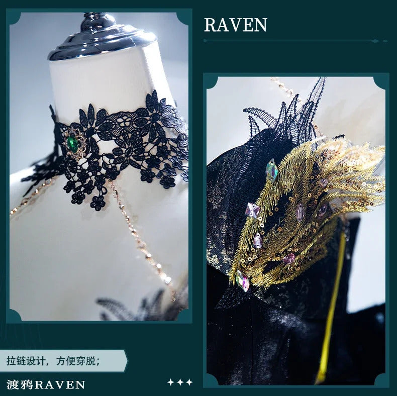 Path to Nowhere Raven MBCC-S-074 Cosplay Black glue gift box Costume Halloween Black Dress Necklace Props Wig Women's Sexy Set