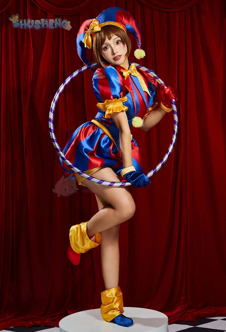 Adult Digital Circus Cosplay Costumes Pomni Cosplay Masks Set Hat Jumpsuit Cartoon Christmas Halloween Party Cute Clown wig set