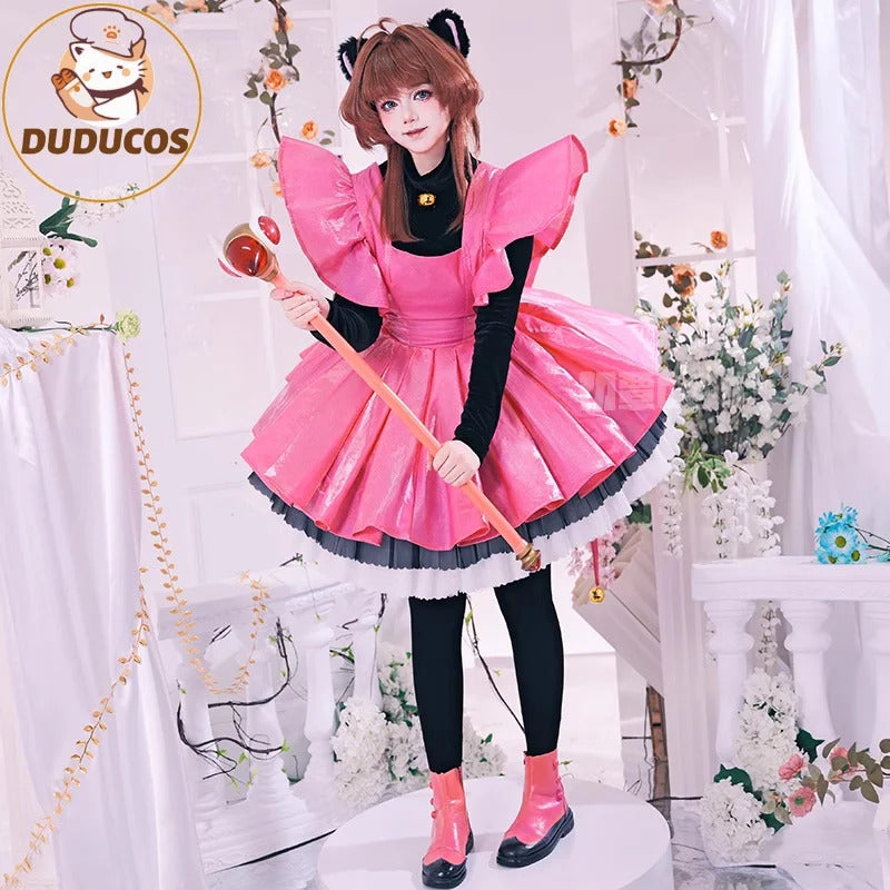 Shusheng-R Kinomoto Sakura Cosplay Costume Anime Card Captor Sakura DUDU-R Women Halloween Cute Black Pink Dress THE THUNDER Ears Tail