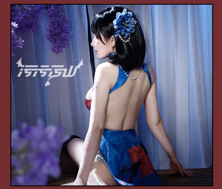 Azur Lane Chien Wu cosplay costume Halloween carnival blue Chinese style qipao Woman sexy dress uniform suit wig set