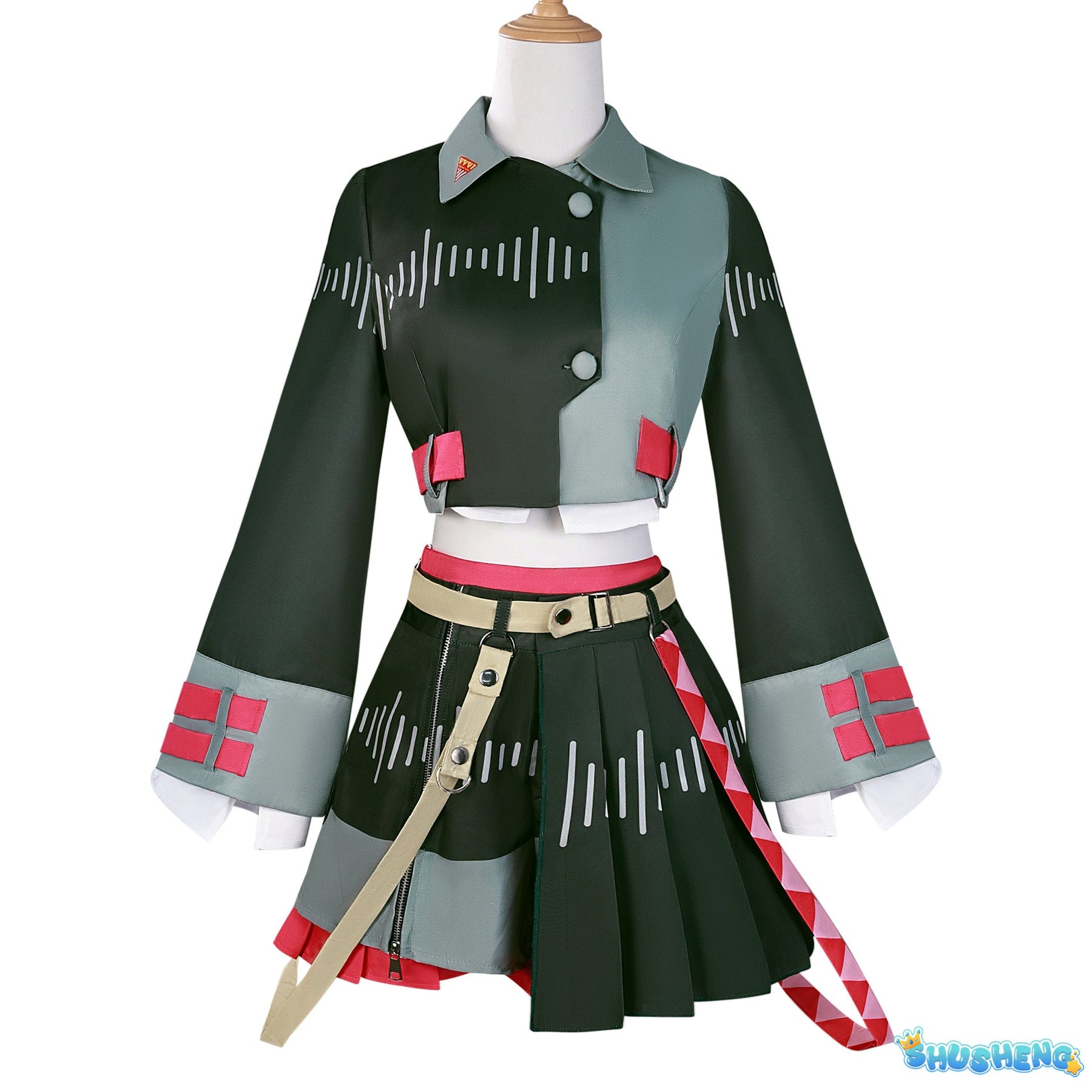 Anime Kasane Teto Cosplay Costume - Women & Men Green Pink Dress, Halloween Outfit with Made Accessories & Props