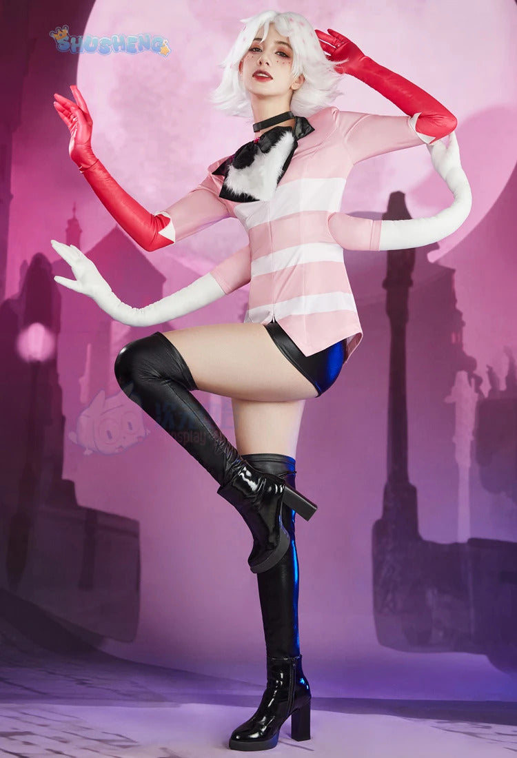 Angel Dust Cosplay Fantasy Wigs Cartoon Hell Inn Disguise Costume Gloves Bow Tie Pink Outfit Women Halloween Roleplay
