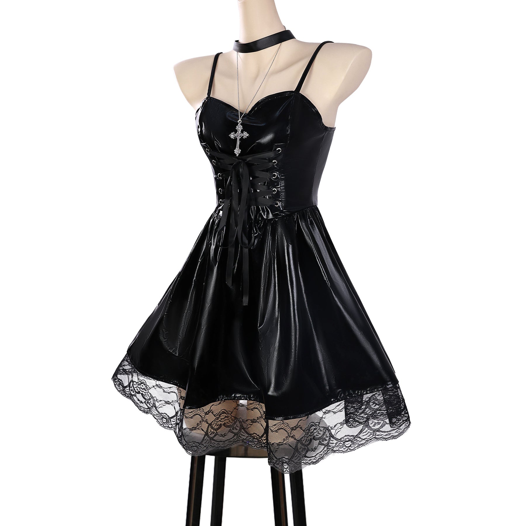 Anime Death Note Misa Amane Cosplay Costume Wig Imitation Leather Sexy Dress Necklace Lace Sleeves Stocking