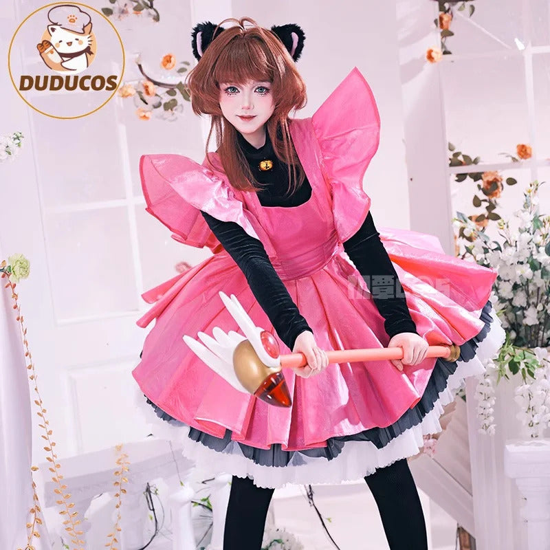 Shusheng-R Kinomoto Sakura Cosplay Costume Anime Card Captor Sakura DUDU-R Women Halloween Cute Black Pink Dress THE THUNDER Ears Tail