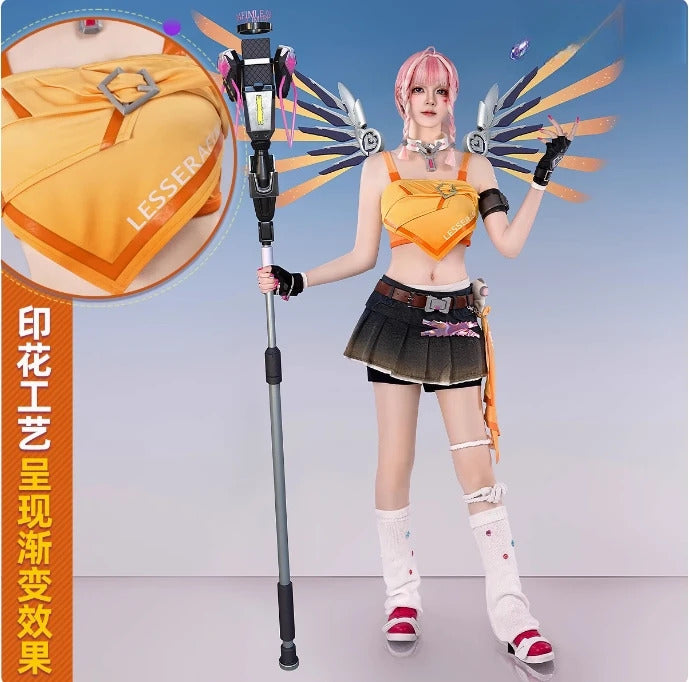 Overwatch Mercy Angela Ziegler Cosplay Linkage girl grou Costume Halloween Party Sweet Women Uniform Wig Props Accessories Set